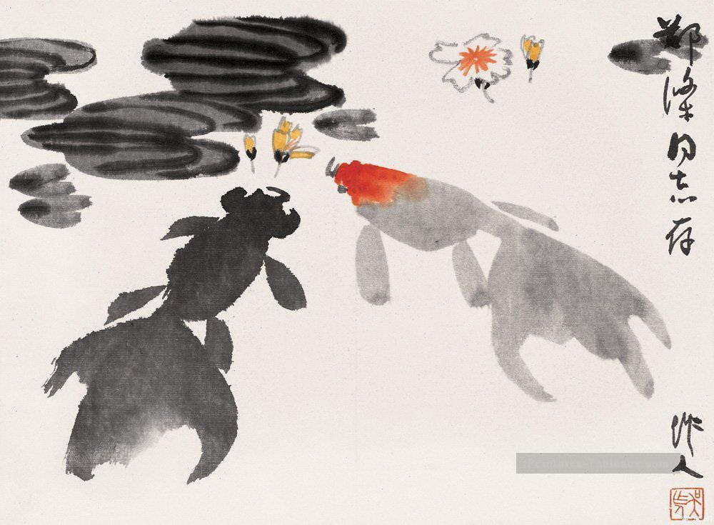 Wu Zuoren Goldfish et fleurs ancienne Chine à l’encre Peintures à l'huile